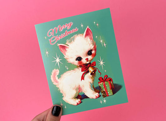 Kitschy Retro Christmas Card - Kawai Kitten