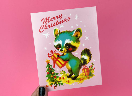 Anthropomorphic Raccoon Kitschy Christmas Card