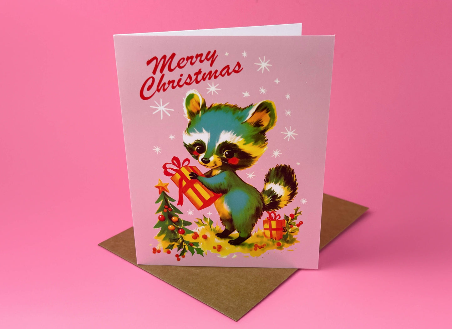 Anthropomorphic Raccoon Kitschy Christmas Card