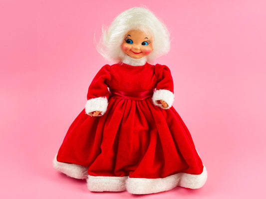 Vintage Kitschy Christmas Mrs. Claus Wearing Red Velvet Puffy Dress, White hair, Mid Century Christmas Kitsch 13.5" Tall