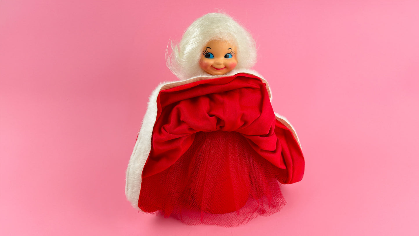 Vintage Kitschy Christmas Mrs. Claus Wearing Red Velvet Puffy Dress, White hair, Mid Century Christmas Kitsch 13.5" Tall