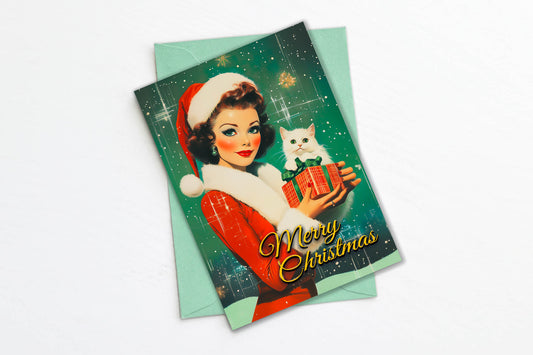 Kitschy Retro Christmas Card - PinUp Lady Wearing Santa outfit, Cute Vintage Inspired Holiday Greeting Cards - w/Envelope, Retro Ladies