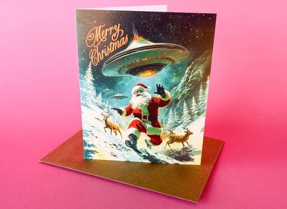Santa & Aliens Christmas Card - Sci-fi Holiday Greeting Cards, Funny Christmas Cards, Weird Stuff, Alien Abduction Art, UFO's Cryptids Gift