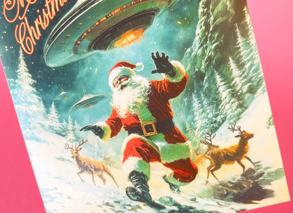 Santa & Aliens Christmas Card - Sci-fi Holiday Greeting Cards, Funny Christmas Cards, Weird Stuff, Alien Abduction Art, UFO's Cryptids Gift