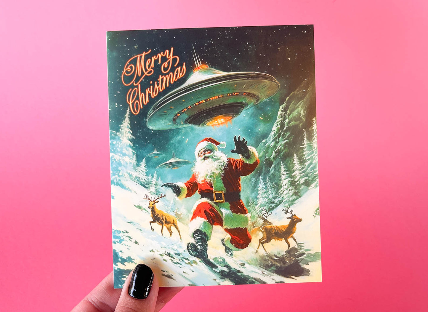 Santa & Aliens Christmas Card - Sci-fi Holiday Greeting Cards, Funny Christmas Cards, Weird Stuff, Alien Abduction Art, UFO's Cryptids Gift