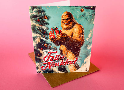 Kitschy Big Foot Christmas Card - Feliz Navidad Cryptozoology Holiday Greeting Cards, Funny Cryptid Gift for Cryptozoologist, Weird Stuff