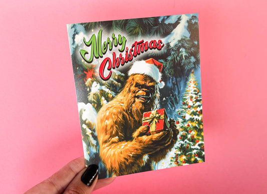 Big Foot Christmas Card - Cryptozoology Holiday Greeting Cards, Funny Cryptid Art, Gift for Cryptozoologist, Weird Stuff, Cryptids