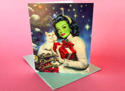 Vintage Inspired Sci-fi Christmas Card - Alien Pinup Martian Woman, Weird Holiday Greeting Cards - w/Envelope, Kitschy Retro Futuristic Art