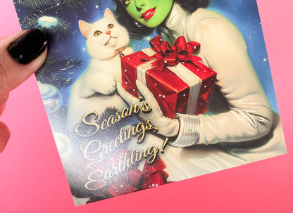 Vintage Inspired Sci-fi Christmas Card - Alien Pinup Martian Woman, Weird Holiday Greeting Cards - w/Envelope, Kitschy Retro Futuristic Art