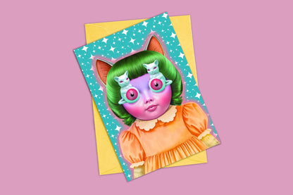 Anthropomorphic Cat Doll Greeting Card