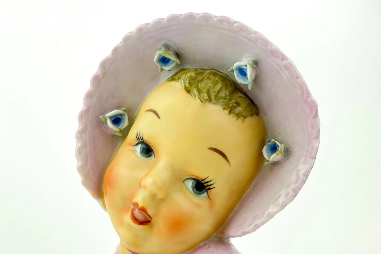 Vintage Baby Girl Ceramic Head Vase, Pink/lavender, Flower buds on Pink Bonnet, Whimsical Planter Mid Century Kitschy Nursery Decor UCAGCO