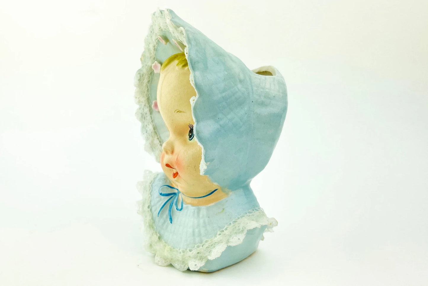 Vintage Blue Baby Ceramic Head Vase, Flower buds on Pink Bonnet, Whimsical Planter, Mid Century Kitschy Nursery Decor UCAGO Japan