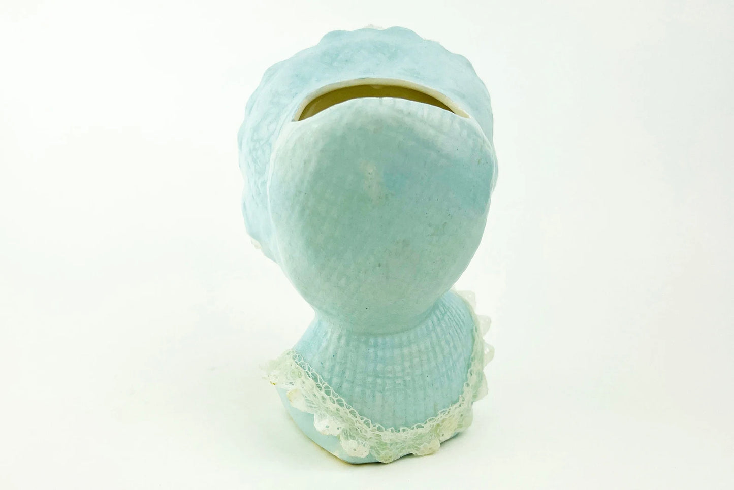 Vintage Blue Baby Ceramic Head Vase, Flower buds on Pink Bonnet, Whimsical Planter, Mid Century Kitschy Nursery Decor UCAGO Japan