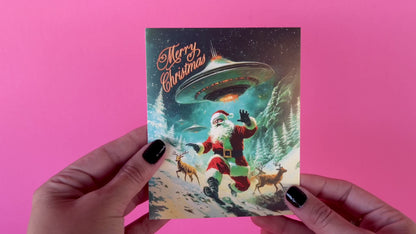 Santa & Aliens Christmas Card - Sci-fi Holiday Greeting Cards, Funny Christmas Cards, Weird Stuff, Alien Abduction Art, UFO's Cryptids Gift