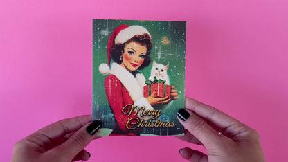 Kitschy Retro Christmas Card - PinUp Lady Wearing Santa outfit, Cute Vintage Inspired Holiday Greeting Cards - w/Envelope, Retro Ladies