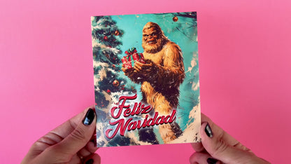 Kitschy Big Foot Christmas Card - Feliz Navidad Cryptozoology Holiday Greeting Cards, Funny Cryptid Gift for Cryptozoologist, Weird Stuff