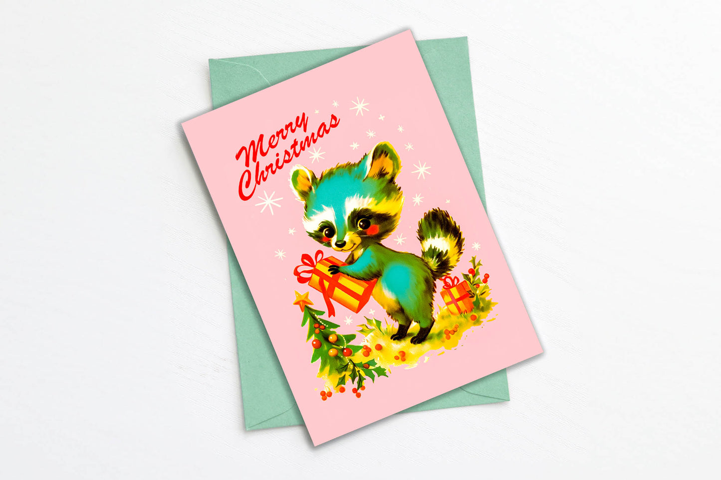 Anthropomorphic Raccoon Kitschy Christmas Card