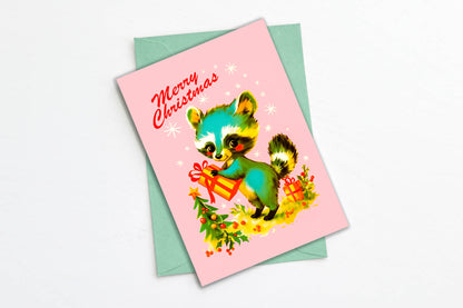 Anthropomorphic Raccoon Kitschy Christmas Card