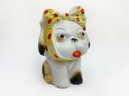 Vintage Ceramic Bulldog Figurine | Anthropomorphic Dog | Puppy Polka Dot with Bow- Made in Japan 3" Tall | Knick Knacks and Figurines