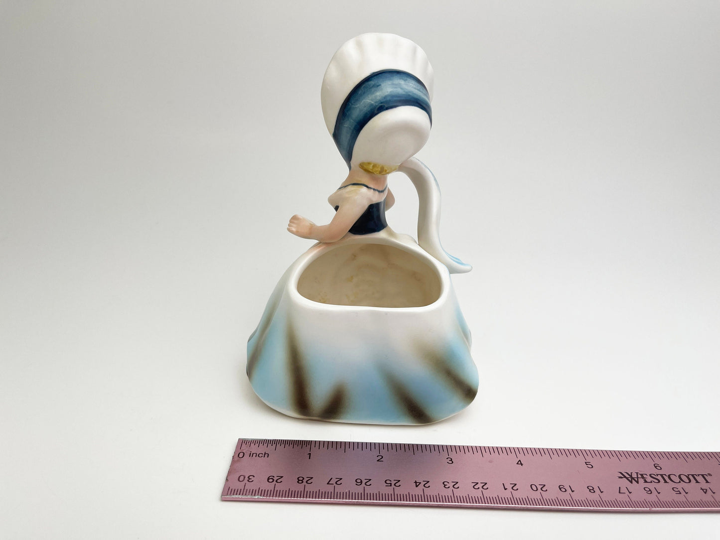Vintage Planter | Southern Bell - Girl In Bonnet Wearing Blue Dress Ceramic Figurine | Planters Sculpture, Japan | Napco, Kitschy Flower Pot