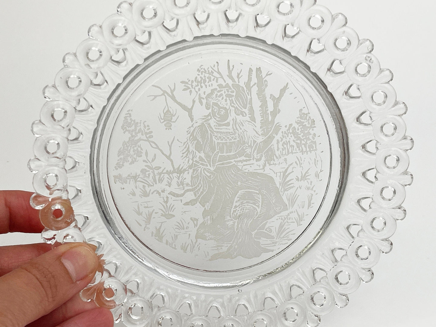 Antique Little Miss Muffet Crystal Plates | Set of two | Egg & Dart | 1800's Cottagecore Vintage Decor | Whimsical