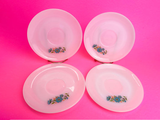 Vtg Fire King Plates Set of 4 Saucers | Vintage Milk Glass | Blue Flowers | Kitschy Decor