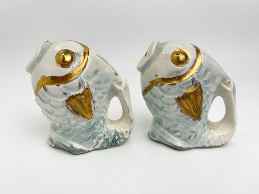 Vintage Fish Salt and Pepper Shakers | Mid Century | Hand Painted Ceramic | Gold, Blue, Beige