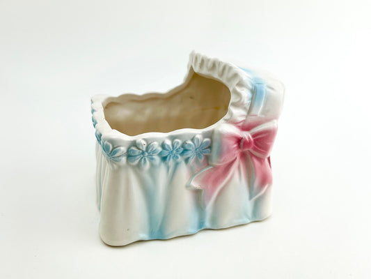 Vintage Caffco Baby Cradle Planter, Basinet Vase, Room Nursery Decor | Mid Century | Pink, Blue | Made in Japan | Ceramic Hand Painted