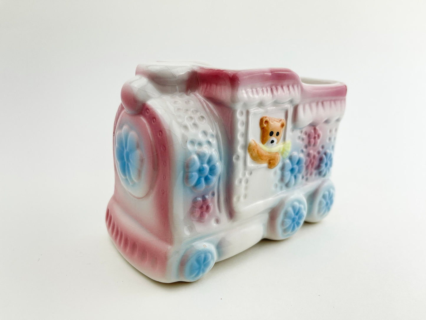 Vtg Baby Bear Riding Train Animal Planter | Kitschy Vintage Nursery Decor | Pink Blue White Ceramic 1960s Mid Centruy Cute Retro Decorations