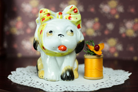 Vintage Ceramic Bulldog Figurine | Anthropomorphic Dog | Puppy Polka Dot with Bow- Made in Japan 3" Tall | Knick Knacks and Figurines