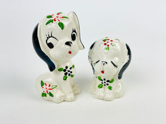 Vintage Salt and Pepper shakers Ceramic Anthropomorphic Puppy Dogs with big eyes and heads. Kitschy mid century decor - Made in Japan