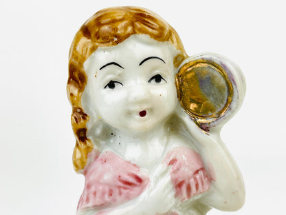 Rare Vintage Gypsy girl ceramic figurine holding tambourine made in Japan, Kitschy figurines, Maximalist Decor, Mid Century Kitsch 4"