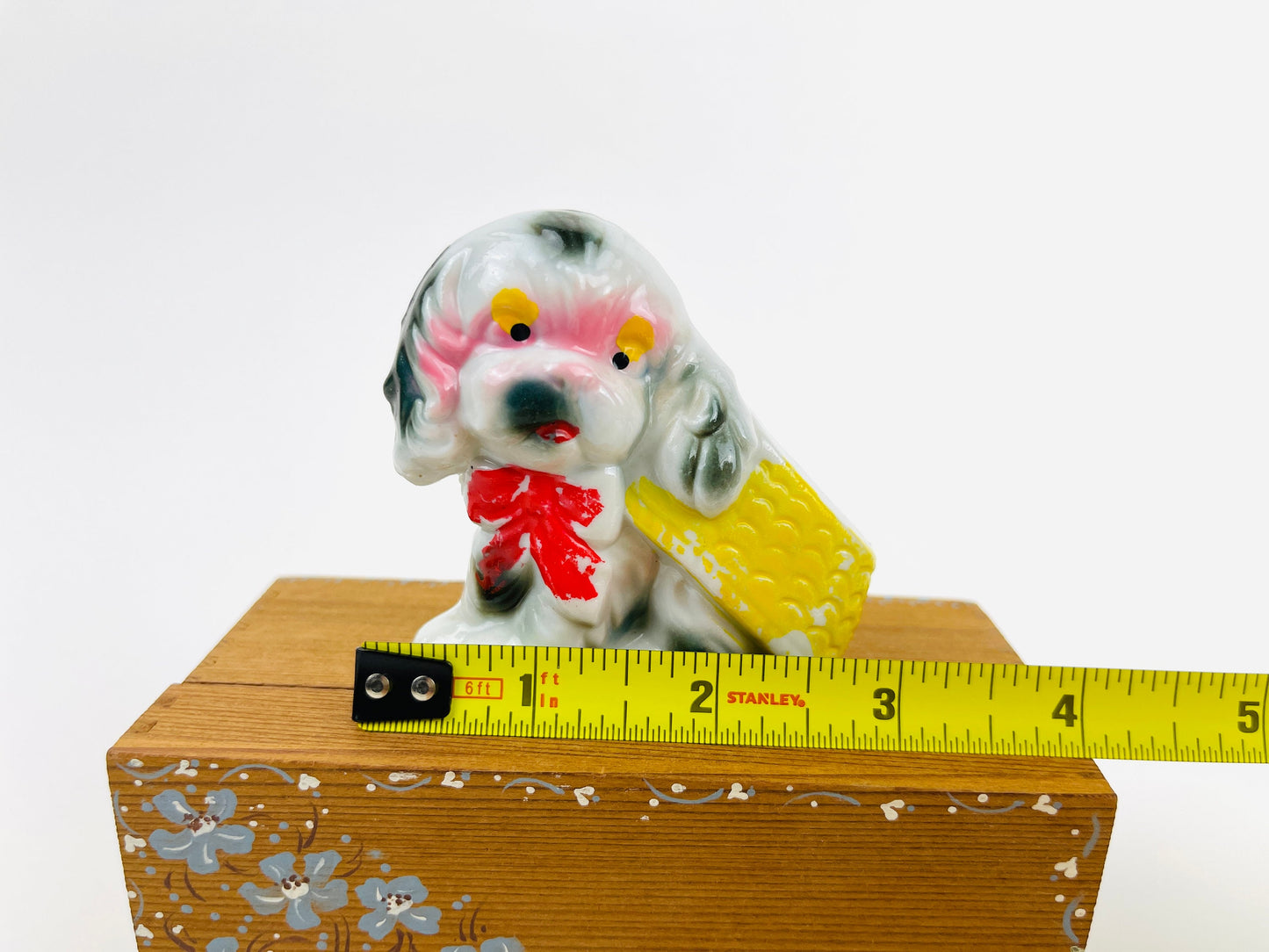 Vintage Puppy wearing a Bow and Basket Flat Ceramic Kitschy Mid Century Figurine Made in Japan