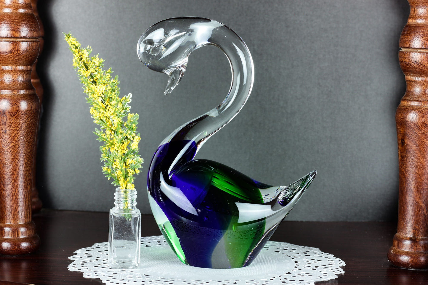 Vintage Murano Style Blown Glass Swan | Blue green clear Art Glass, Vintage Aquatic Home Decor Mid Century Office Decor Paper Weight