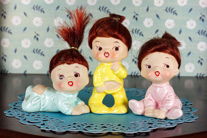 Vintage Enesco Japan Babies Wearing Pajamas Set of 3 Figurines Kitschy Decor Ceramic Red Hair Baby Triplets Kawaii Figurine Collectables