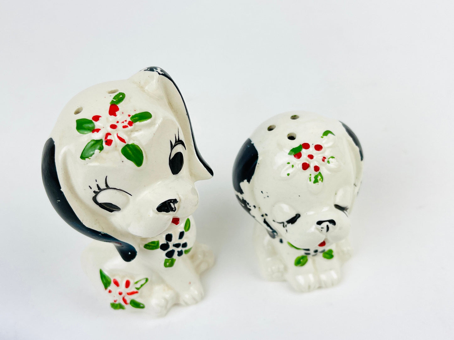 Vintage Salt and Pepper shakers Ceramic Anthropomorphic Puppy Dogs with big eyes and heads. Kitschy mid century decor - Made in Japan