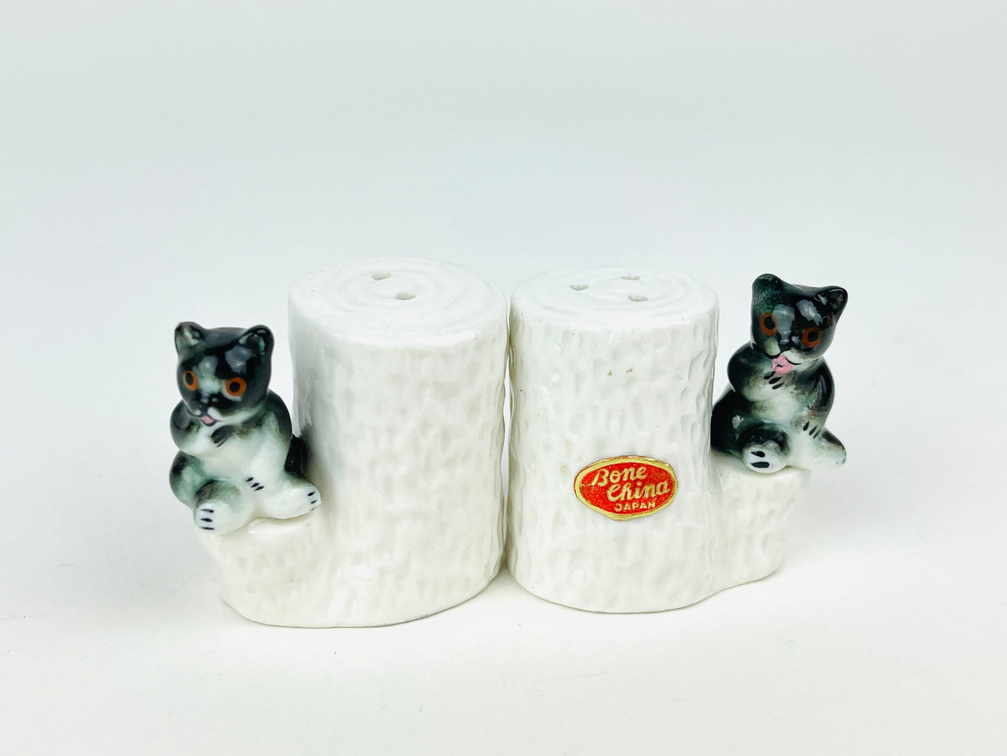 Vintage Salt and Pepper Shakers Bone China Baby Bear Cubs Sitting on white tree trunks Set of 2 Miniature Woodland Animal Critters Figurines