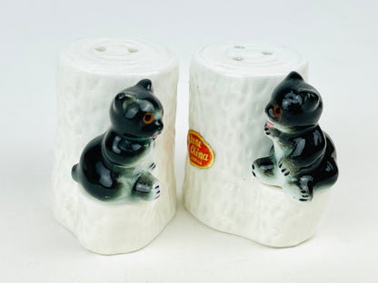 Vintage Salt and Pepper Shakers Bone China Baby Bear Cubs Sitting on white tree trunks Set of 2 Miniature Woodland Animal Critters Figurines
