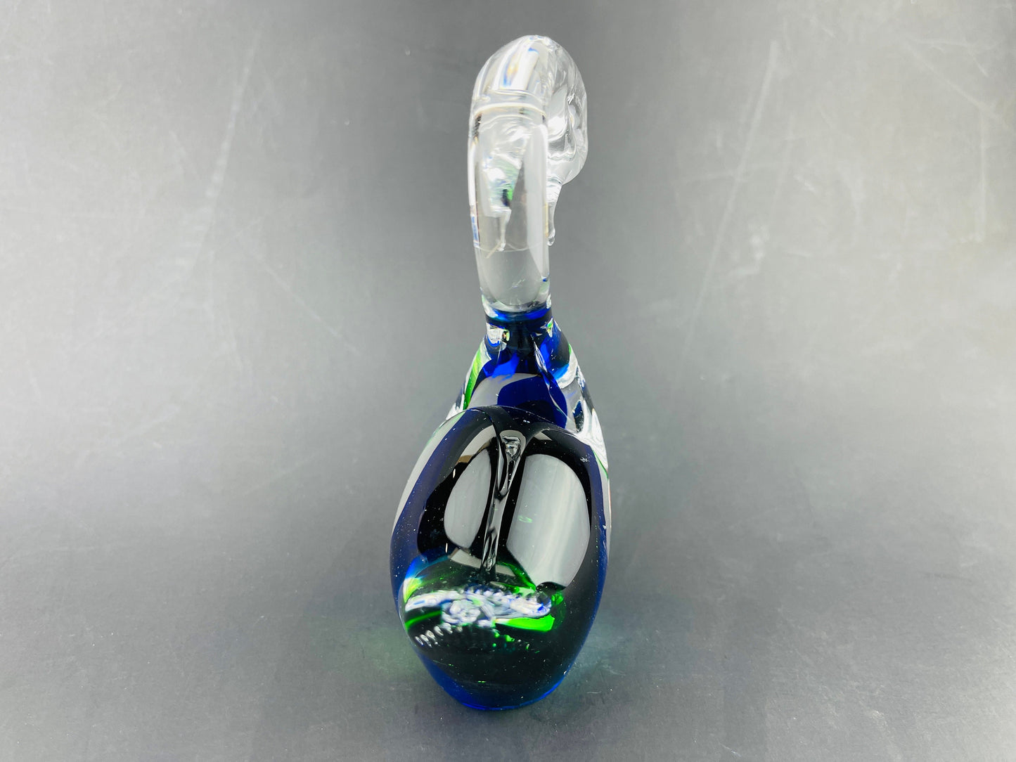 Vintage Murano Style Blown Glass Swan | Blue green clear Art Glass, Vintage Aquatic Home Decor Mid Century Office Decor Paper Weight