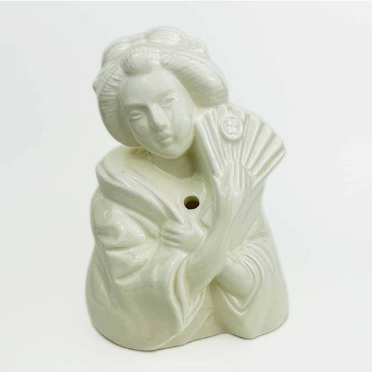 Vintage Ceramic White Geisha Girl Bust with Fan Planter Vase Figurine