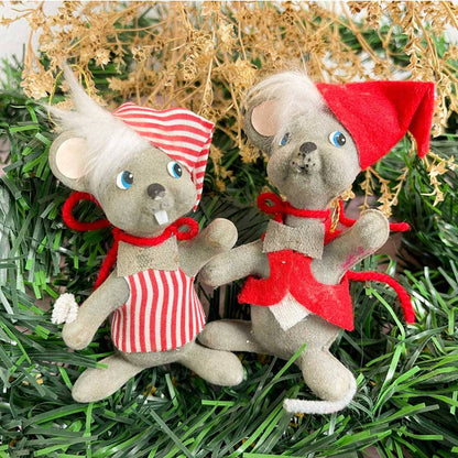 Vintage Christmas Ornaments Kitschy Anthropomorphic Mice Felted Tree ornament Set of 2