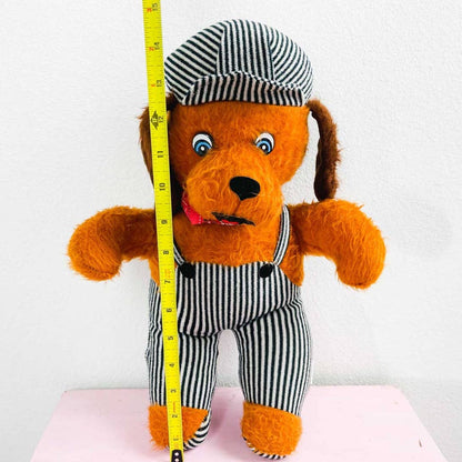 Vintage Peoria Plastic Co. Anthropomorphic Plush Bear Brown Teddy in Striped Overalls 15"