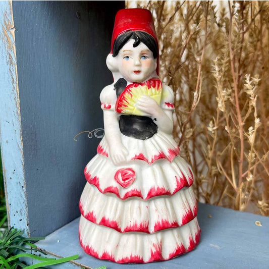 Vintage Spanish Girl Holding Fan Figurine Ceramic Bell