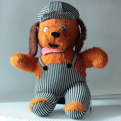 Vintage Peoria Plastic Co. Anthropomorphic Plush Bear Brown Teddy in Striped Overalls 15"